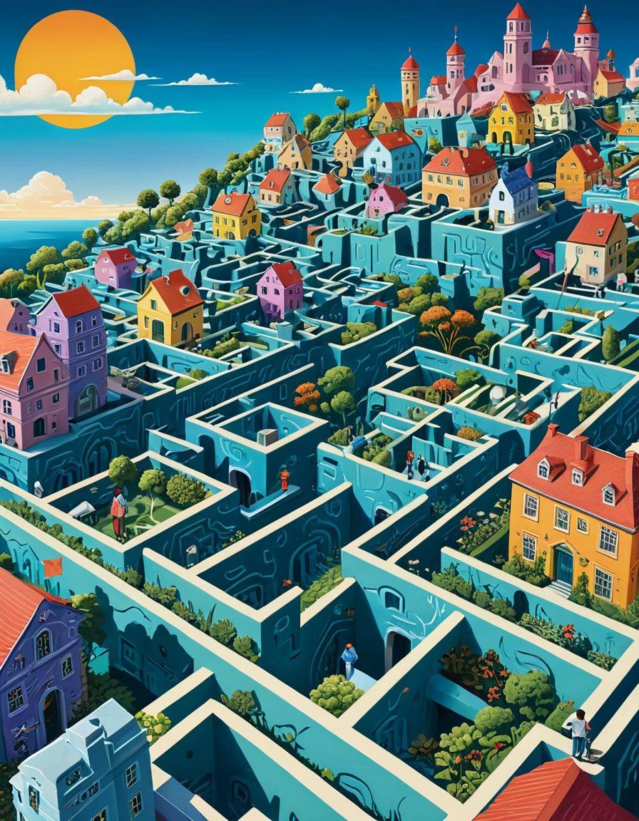 A stylized maze symbolizing the complex world of insurance, featuring intricate pathways labeled with words like 'Coverage', 'Costs', and 'Claims'. In the foreground, a guide character holds a map, looking determined. The background includes a mix of residential buildings, representing real estate, and a clear blue sky. Render in vibrant colors with a touch of surrealism.