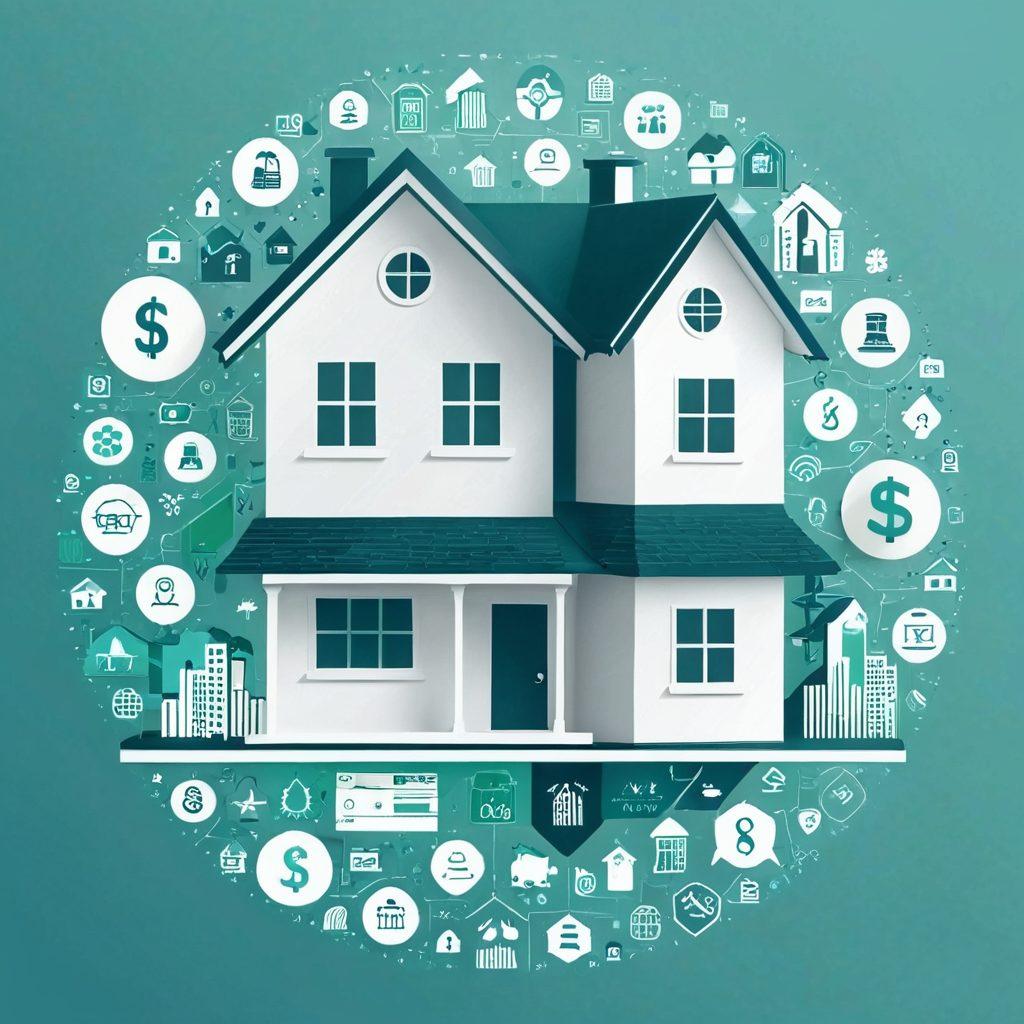 A visually engaging infographic showcasing various insurance elements such as premiums, deductibles, and estimates. Include a house silhouette in the center, surrounded by floating icons representing money, a calculator, and percentage signs. Use a color palette of blues and greens for a calm effect, complemented by bold typography for clarity. This image should convey a sense of trust and knowledge regarding real estate investments in insurance. vector art. vibrant colors. white background.