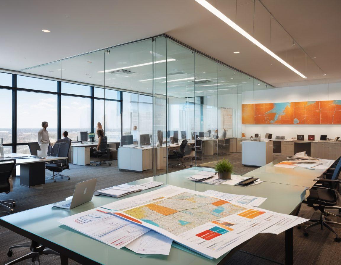 A dynamic split scene showing a modern realty office on one side and a detailed insurance claims process on the other. Incorporate elements like a large property map, insurance documents, and a calculator, symbolizing risk management. Add a sense of collaboration with diverse professionals discussing in the foreground, emphasizing teamwork in navigating claims. Bright and engaging colors, with a digital futuristic style.